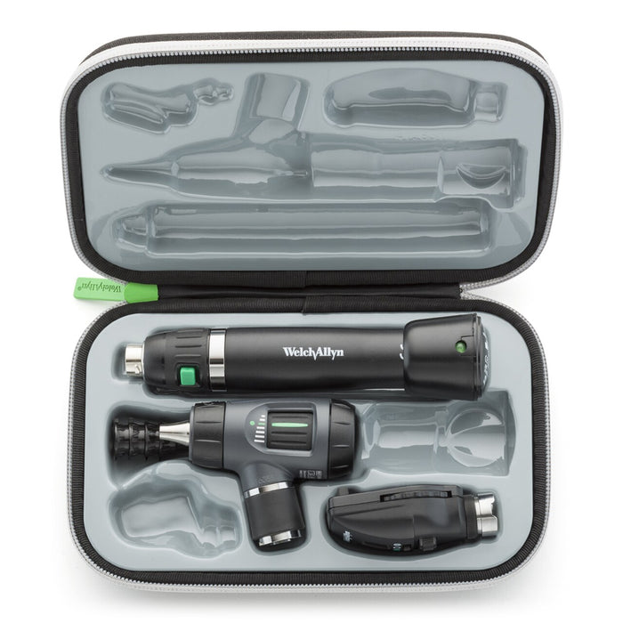 Welch Allyn 3.5 V Halogen HPX Diagnostic Set including Standard Ophthalmoscope MacroView Otoscope with Throat Illuminator Rechargeable 120-Minute Power Handle(s), Hard Storage Case, Lithium-Ion Battery, IEC Plug Type - 97100-MS