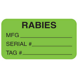Tabbies Vaccination Record Labels, "RABIES MFG__ SERIAL #__ TAG #__",  "Fluorescent Green" - 1-5/8"W x 7/8"H, 560 per Roll - V-AN601