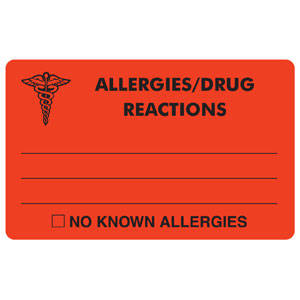 Tabbies Allergy Labels, "Allergies/Drug Reactions No Known Allergies" Fluorescent Red - 4"W x 2-1/2"H, 100 per Roll - MAP327