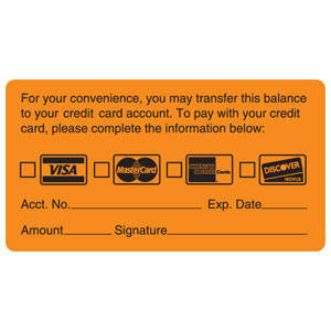 Tabbies Billing/Collection Labels "For your Convenience, You may transfer this Balance to your Credit Card Account To pay with your Credit Card Please complete the information Below" , Fluorescent Orange - 3-1/4"W x 1-3/4"H, 250 per Roll - MAP2350