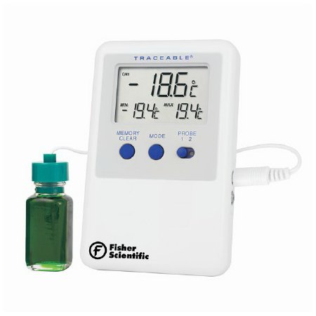 Fisher Scientific Fisherbrand Traceable Refrigerator/Freezer Ultra Digital Refrigerator / Freezer Thermometer Fahrenheit / Celsius -58° to 158°F (-50° to 70°C) Vaccine Bottle Probe Multiple Mounting Options Battery Operated - 14-650-103