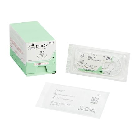 Ethilon - Suture with Needle Nonabsorbable Uncoated Black Suture Monofilament Nylon Size 3 - 0 18 Inch Suture 1-Needle 24 mm Length 3/8 Circle Reverse Cutting Needle - 663G