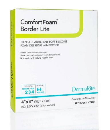 DermaRite Industries ComfortFoam Border Lite Thin Silicone Foam Dressing 4 X 4 Inch Square Silicone Adhesive with Border Sterile - 47440
