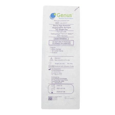 Genus - CT Single Syringe Kit 60 Inch Coil Tube 200 mL For Use with Mallinckrodt Liebel-Flarshiem CT 9000, CT 9000 ADV, and Optivantage Injectors - 128-200101