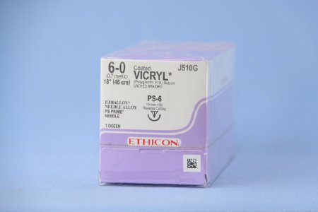 J & J Healthcare Systems Coated Vicryl Suture with Needle Absorbable Coated Undyed Suture Braided Polyglactin 910 Size 6-0 18 Inch Suture 1-Needle 11 mm Length 1/2 Circle Reverse Cutting Needle - J510G