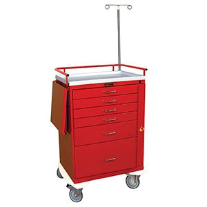 Harloff Classic Line Emergency Cart 22 X 35 X 45.75 Inch, 86.25 Inch IV Pole 6 Drawers Red - 6401Q