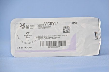 J & J Healthcare Systems Coated Vicryl Suture with Needle Absorbable Coated Undyed Suture Braided Polyglactin 910 Size 3-0 36 Inch Suture 1-Needle 40 mm Length 1/2 Circle Taper Point Needle - J956H