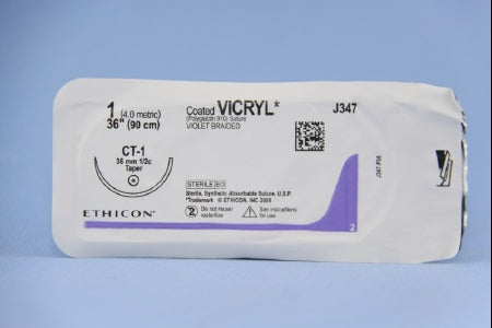 J & J Healthcare Systems Coated Vicryl Suture with Needle Absorbable Coated Violet Suture Braided Polyglactin 910 Size 1 36 Inch Suture 1-Needle 36 mm Length 1/2 Circle Taper Point Needle - J347H