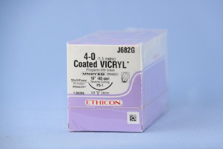 J & J Healthcare Systems Coated Vicryl Suture with Needle Absorbable Coated Undyed Suture Braided Polyglactin 910 Size 4-0 18 Inch Suture 1-Needle 24 mm Length 3/8 Circle Reverse Cutting Needle - J682G