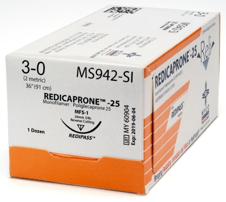 Reli - Suture with Needle Absorbable Uncoated Undyed Suture Monofilament Poliglecaprone Size 3 - 0 36 Inch Suture 1-Needle 24 mm Length 3/8 Circle Reverse Cutting Needle - MS942-MV