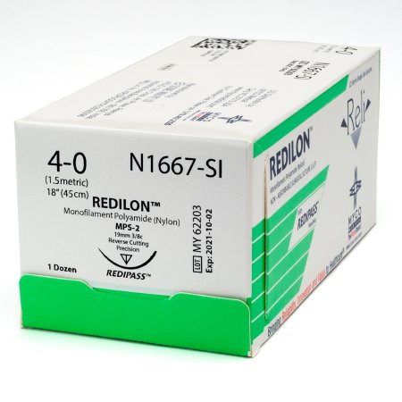Reli Redilon - Suture with Needle Nonabsorbable Uncoated Black Suture Monofilament Nylon Size 4 - 0 18 Inch Suture 1-Needle 19 mm Length 3/8 Circle Precision Reverse Cutting Needle - N1667-M