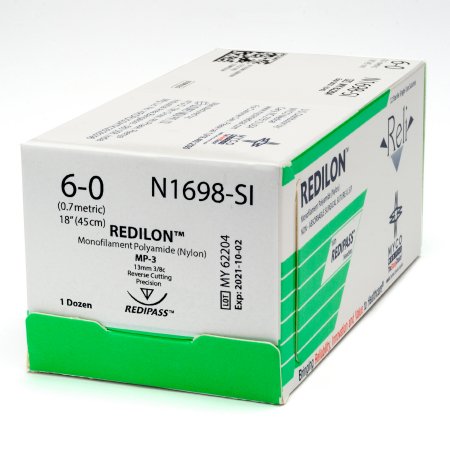 Reli Redilon - Suture with Needle Nonabsorbable Uncoated Black Suture Monofilament Nylon Size 6 - 0 18 Inch Suture 1-Needle 13 mm Length 3/8 Circle Reverse Cutting Needle with Precision Point - N1698-M