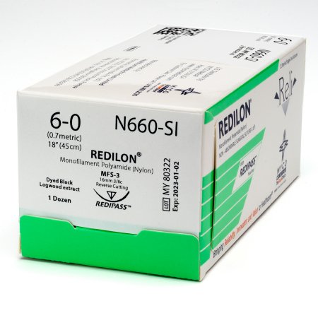 Reli Redilon - Suture with Needle Nonabsorbable Uncoated Black Suture Monofilament Nylon Size 6 - 0 18 Inch Suture 1-Needle 16 mm Length 3/8 Circle Reverse Cutting Needle - N660-M