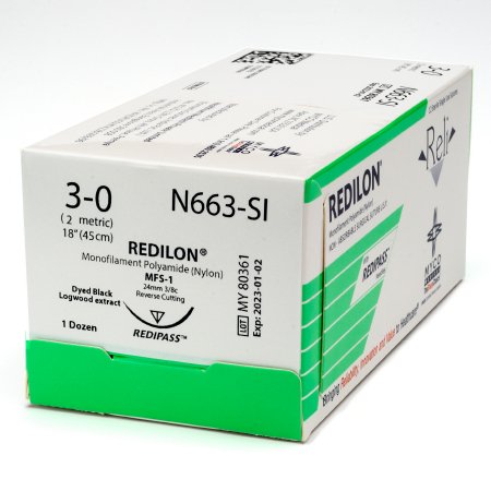 Reli Redilon - Suture with Needle Nonabsorbable Uncoated Black Suture Monofilament Nylon Size 3 - 0 18 Inch Suture 1-Needle 24 mm Length 3/8 Circle Reverse Cutting Needle - N663-M