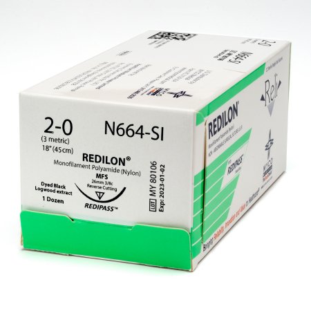 Reli Redilon - Suture with Needle Nonabsorbable Uncoated Black Suture Monofilament Nylon Size 2 - 0 18 Inch Suture 1-Needle 26 mm Length 3/8 Circle Reverse Cutting Needle - N664-M