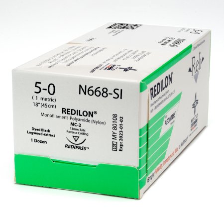Reli Redilon - Suture with Needle Nonabsorbable Uncoated Black Suture Monofilament Nylon Size 5 - 0 18 Inch Suture 1-Needle 13 mm Length 3/8 Circle Reverse Cutting Needle - N668-M