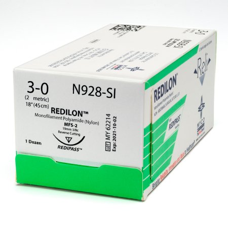 Reli Redilon - Suture with Needle Nonabsorbable Uncoated Black Suture Monofilament Nylon Size 4 - 0 10 Inch Suture 1-Needle 19 mm Length 3/8 Circle Reverse Cutting Needle - N928-M