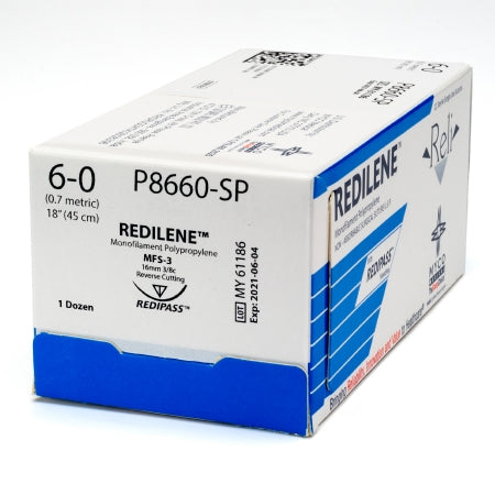 Reli Redilene - Suture with Needle Nonabsorbable Uncoated Blue Suture Monofilament Polypropylene Suture Size 6 - 0 18 Inch Suture 1-Needle 16 mm Length 3/8 Circle Conventional Cutting Needle - P8660-M