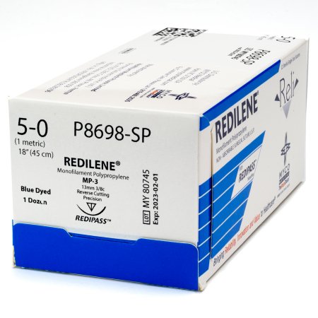 Reli Redilene - Suture with Needle Nonabsorbable Uncoated Blue Suture Monofilament Polypropylene Suture Size 5 - 0 18 Inch Suture 1-Needle 13 mm Length 3/8 Circle Conventional Cutting Needle - P8698-M