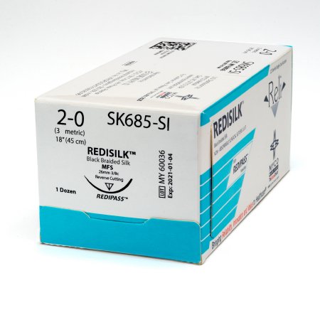 Reli Redisilk - Suture with Needle Nonabsorbable Uncoated Black Suture Braided Silk Size 2 - 0 18 Inch Suture 1-Needle 26 mm Length 3/8 Circle Reverse Cutting Needle - SK685-M