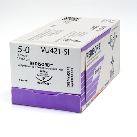 Reli Redisorb - Suture with Needle Absorbable Coated Undyed Suture Braided Polyglycolic Acid Suture Size 5 - 0 27 Inch Suture 1-Needle 19 mm Length 3/8 Circle Reverse Cutting Needle - VU421-M