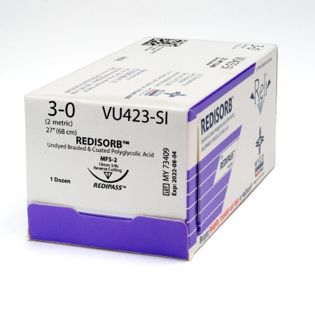 Reli Redisorb - Suture with Needle Absorbable Coated Undyed Suture Braided Polyglycolic Acid Suture Size 3 - 0 27 Inch Suture 1-Needle 19 mm Length 3/8 Circle Reverse Cutting Needle - VU423-M