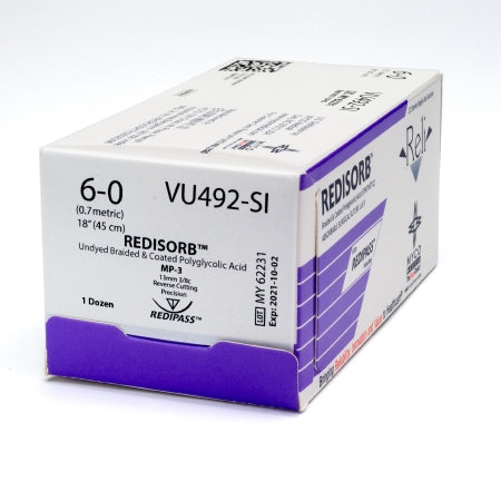 Reli Redisorb - Suture with Needle Absorbable Coated Undyed Suture Braided Polyglycolic Acid Suture Size 6 - 0 18 Inch Suture 1-Needle 13 mm Length 3/8 Circle Reverse Cutting Needle with Precision Point - VU492-M
