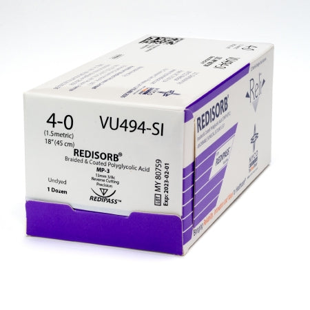 Reli Redisorb - Suture with Needle Absorbable Coated Undyed Suture Braided Polyglycolic Acid Suture Size 4 - 0 18 Inch Suture 1-Needle 13 mm Length 3/8 Circle Reverse Cutting Needle with Precision Point - VU494-M