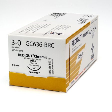 Reli - Suture with Needle Absorbable Uncoated Undyed Suture Chromic Gut Size 3 - 0 27 Inch Suture 1-Needle 19 mm Length 3/8 Circle Reverse Cutting Needle - GC636-M