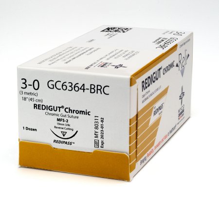 Reli - Suture with Needle Absorbable Uncoated Undyed Suture Chromic Gut Size 3 - 0 18 Inch Suture 1-Needle 19 mm Length 3/8 Circle Reverse Cutting Needle - GC6364-M