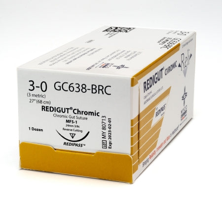 Reli - Suture with Needle Absorbable Uncoated Undyed Suture Chromic Gut Size 3 - 0 27 Inch Suture 1-Needle 24 mm Length 3/8 Circle Reverse Cutting Needle - GC638-M