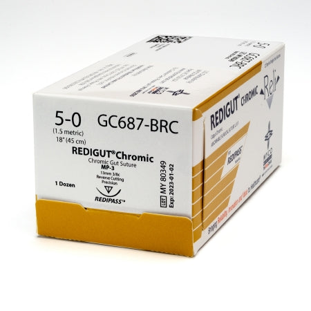 Reli - Suture with Needle Absorbable Uncoated Undyed Suture Chromic Gut Size 5 - 0 18 Inch Suture 1-Needle 13 mm Length 3/8 Circle Reverse Cutting Needle with Precision Point - GC687-M