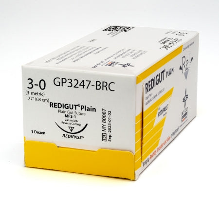 Reli - Suture with Needle Absorbable Uncoated Undyed Suture Plain Gut Size 3 - 0 27 Inch Suture 1-Needle 24 mm Length 3/8 Circle Reverse Cutting Needle - GP3247-M