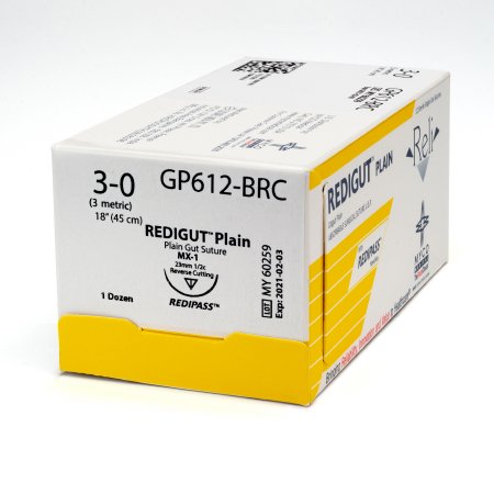 Reli - Suture with Needle Absorbable Uncoated Undyed Suture Plain Gut Size 3 - 0 18 Inch Suture 1-Needle 23 mm Length 1/2 Circle Reverse Cutting Needle - GP612-M