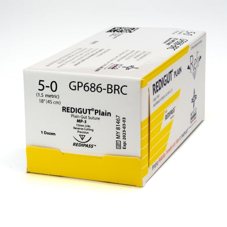 Reli - Suture with Needle Absorbable Uncoated Undyed Suture Plain Gut Size 5 - 0 18 Inch Suture 1-Needle 13 mm Length 3/8 Circle Reverse Cutting Needle with Precision Point - GP686-M
