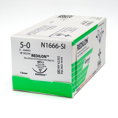 Reli Redilon - Suture with Needle Nonabsorbable Uncoated Black Suture Monofilament Nylon Size 5 - 0 18 Inch Suture 1-Needle 19 mm Length 3/8 Circle Precision Reverse Cutting Needle - N1666-M
