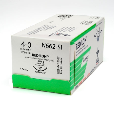 Reli Redilon - Suture with Needle Nonabsorbable Uncoated Black Suture Monofilament Nylon Size 4 - 0 18 Inch Suture 1-Needle 19 mm Length 3/8 Circle Reverse Cutting Needle - N662-M