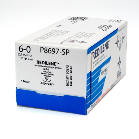 Reli Redilene - Suture with Needle Nonabsorbable Uncoated Blue Suture Monofilament Polypropylene Suture Size 6 - 0 18 Inch Suture 1-Needle 11 mm Length 3/8 Circle Reverse Cutting Needle - P8697-M