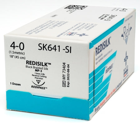 Reli Redisilk - Suture with Needle Nonabsorbable Uncoated Black Suture Braided Silk Size 4 - 0 18 Inch Suture 1-Needle 13 mm Length 3/8 Circle Reverse Cutting Needle with Precision Point - SK641-M