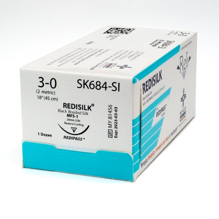 Reli Redisilk - Suture with Needle Nonabsorbable Uncoated Black Suture Braided Silk Size 3 - 0 18 Inch Suture 1-Needle 24 mm Length 3/8 Circle Reverse Cutting Needle - SK684-M
