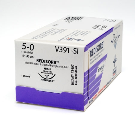 Reli Redisorb - Suture with Needle Absorbable Coated Violet Suture Braided Polyglycolic Acid Suture Size 5 - 0 18 Inch Suture 1-Needle 19 mm Length 3/8 Circle Reverse Cutting Needle - V391-M