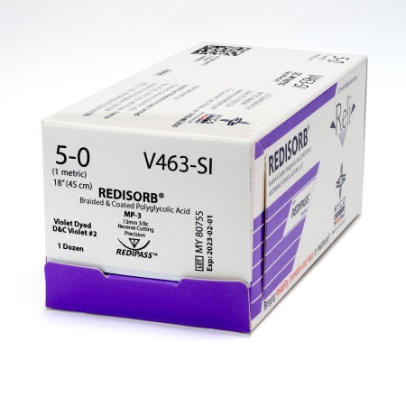 Reli Redisorb - Suture with Needle Absorbable Coated Violet Suture Braided Polyglycolic Acid Suture Size 5 - 0 18 Inch Suture 1-Needle 13 mm Length 3/8 Circle Reverse Cutting Needle with Precision Point - V463-M