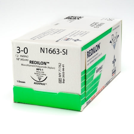 Reli Redilon - Suture with Needle Nonabsorbable Uncoated Black Suture Monofilament Nylon Size 3 - 0 18 Inch Suture 1-Needle 24 mm Length 3/8 Circle Precision Reverse Cutting Needle - N1663-M