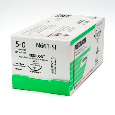 Reli Redilon - Suture with Needle Nonabsorbable Uncoated Black Suture Monofilament Nylon Size 5 - 0 18 Inch Suture 1-Needle 19 mm Length 3/8 Circle Reverse Cutting Needle - N661-M