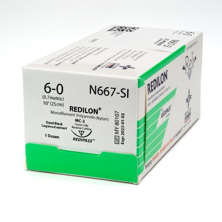 Reli Redilon - Suture with Needle Nonabsorbable Uncoated Black Suture Monofilament Nylon Size 6 - 0 10 Inch Suture 1-Needle 13 mm Length 3/8 Circle Reverse Cutting Needle - N667-M