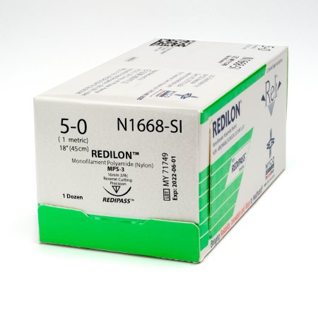 Reli Redilon - Suture with Needle Nonabsorbable Uncoated Black Suture Monofilament Nylon Size 5 - 0 18 Inch Suture 1-Needle 16 mm Length 3/8 Circle Conventional Cutting Needle - N1668-M