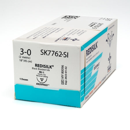 Reli Redisilk - Suture with Needle Nonabsorbable Uncoated Black Suture Braided Silk Size 3 - 0 18 Inch Suture 1-Needle 16 mm Length 1/2 Circle Reverse Cutting Needle - SK7762-M