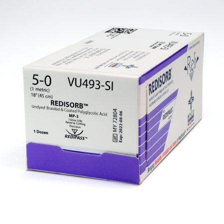 Reli Redisorb - Suture with Needle Absorbable Coated Undyed Suture Braided Polyglycolic Acid Suture Size 5 - 0 18 Inch Suture 1-Needle 13 mm Length 3/8 Circle Reverse Cutting Needle with Precision Point - VU493-M