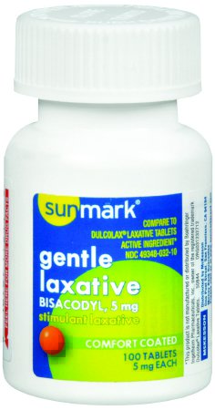 McKesson sunmark Laxative Tablet 100 per Bottle 5 mg Strength Bisacodyl USP - 49348003210