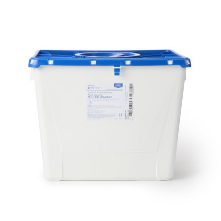 McKesson Prevent - Pharmaceutical Waste Container 13-1/2 H X 17-3/10 W X 13 L Inch 8 Gallon White Base / Blue Lid Vertical Entry Rotating Lid - 2256